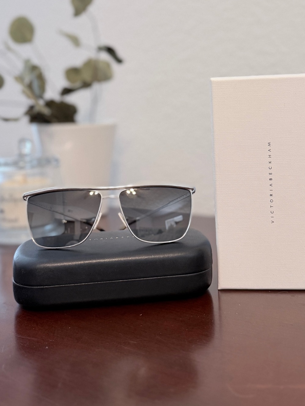 Victoria Beckham Rectangular Silver Frame Sunglasses - Gray Lenses With Case